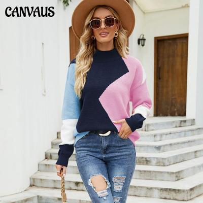 Autumn and Winter Fashion Round Neck Stitching Collision Color Knit Sweater Loose Set Head Half High Neck Sweater Female