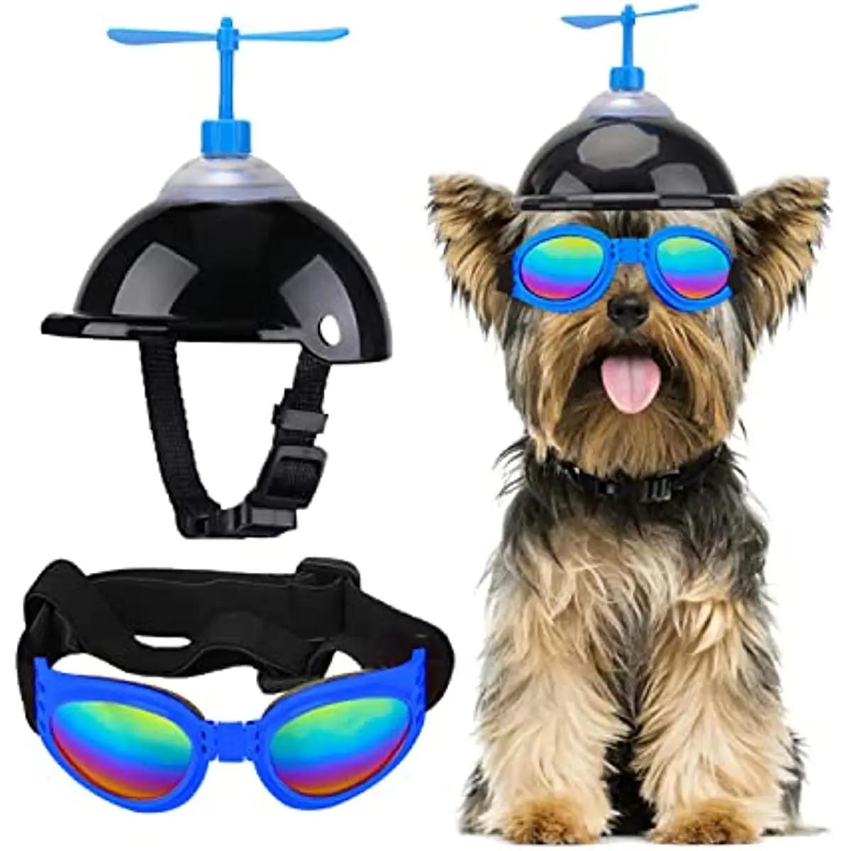 

ATUBAN Dog Helmet and Goggles with Cute Propeller for Small Medium Dogs Adjustable Puppy Sun Hat and Sunglasse Summer Riding Set Medium
