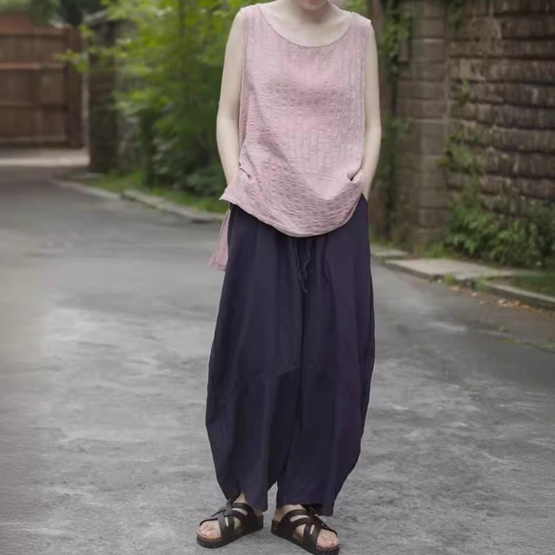 Johnature Women Vintage Bloomers Pants Elastic Waist Blet Solid Color Spring Loose Women Casual Pants