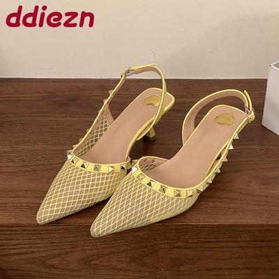 Fashion Pointed Toe Fashion Rivet Ladies Medium Heels Sandals Shoes Female Mesh Breathable Footwear Women Heeled Sandals Shoes Pumps