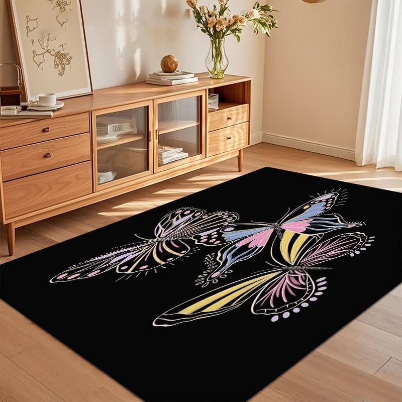 Weicher rutschfester pastellfarbener Schmetterlings-Teppich mit buntem Trio-Design auf schwarzem Hintergrund für Kinderzimmer Schlafzimmer Wohnzimmer Dekoration