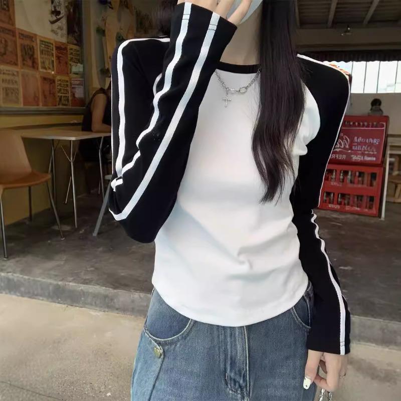 Retro Spice Girl Design Sense Slim Skinny Short Contrast Color Crew Neck Shoulder Long Sleeve Women's Autumn Fashion Age Reduction