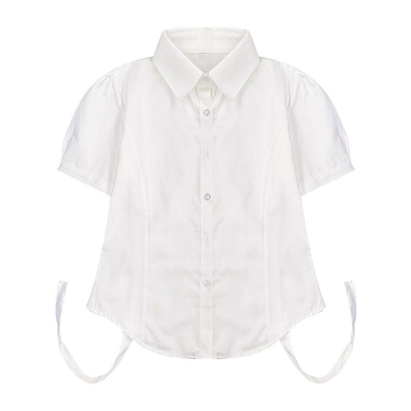 

Waist-Controlled Long Sleeves Sexy Slim Fit Student White JK Uniform One-piece closed-waist short-sleeve shirt S