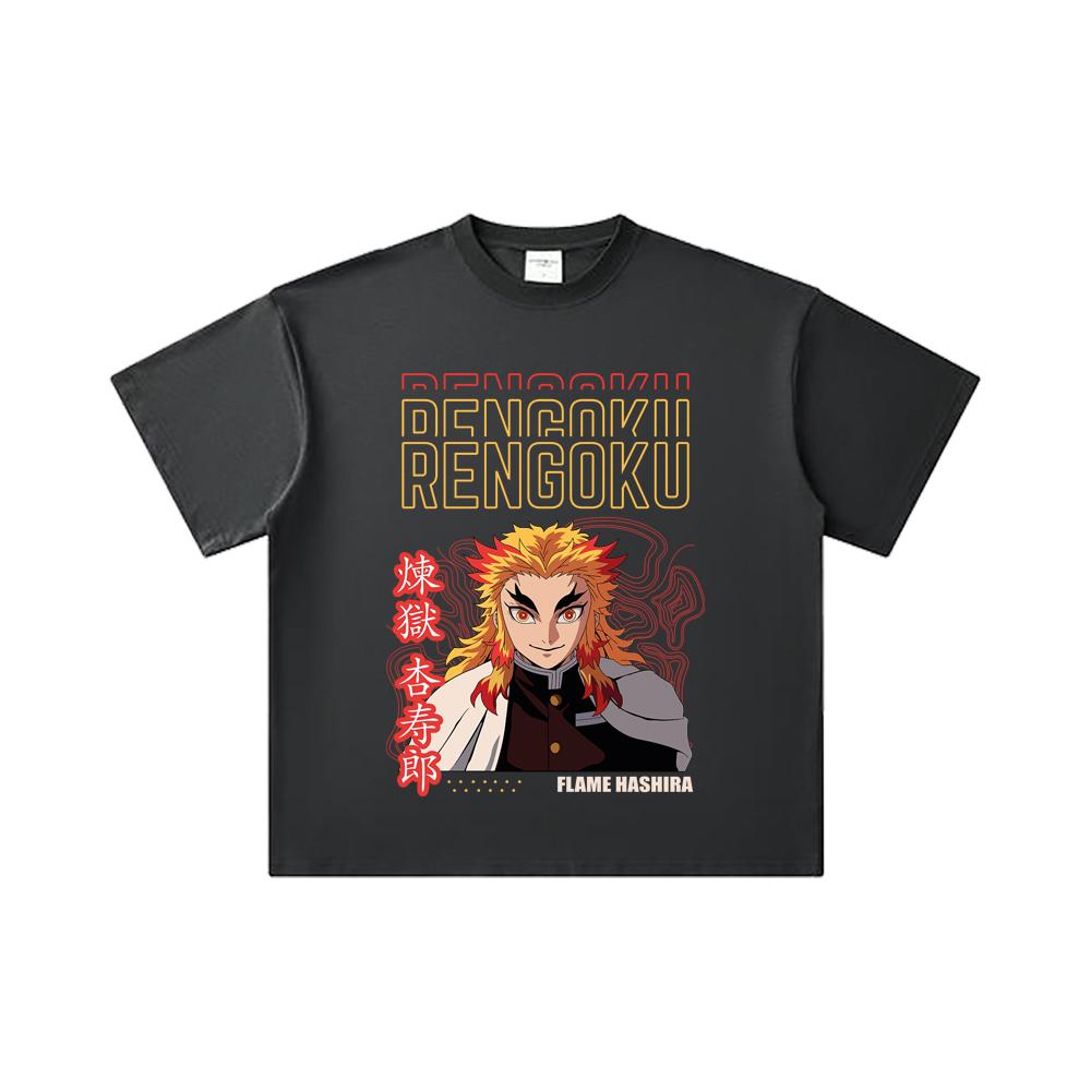 260 GSM Double Yarn 32 Count 100% Cotton Demon Slayer V117 Rengoku Print Unisex Heavy Cotton T Shirt