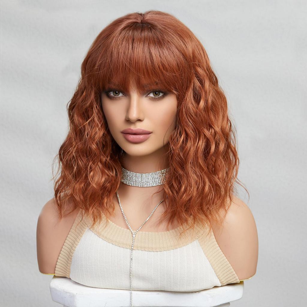 ALAN EATON Short BOB Synthetic WIGS Orange Brown Curly Wig with Bangs for Women Cosplay Daily Party Heat Resistant Fiber Wig