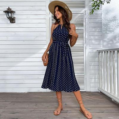Summer Halter Neck Sleeveless Sling Polka Dot Beach High Waist Printed Long Dress Women Royal Blue S-XXL