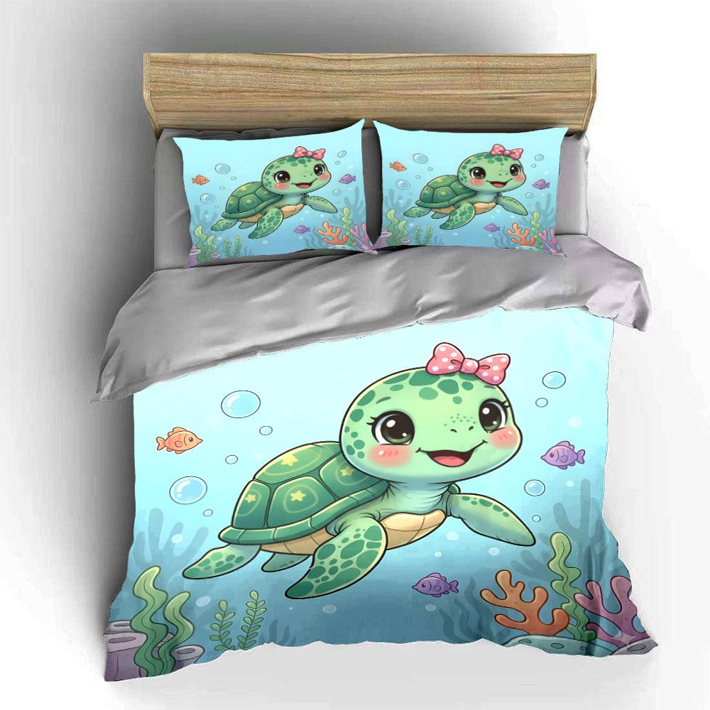 Cartoon Turtle with Pink Bow Bedding Duvet Cover Set (1*Duvet Cover 2*Pillowcases, without duvet insert)