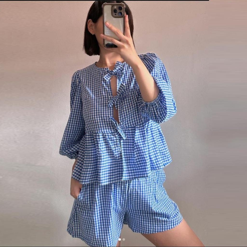 Women's 2-piece Checkered Lace Round Neck Cardigan With Quarter Sleeves, Shirt And Shorts Set