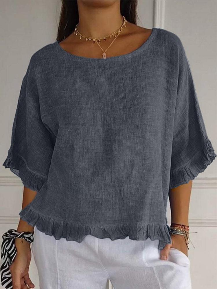 Camicia Estiva da Donna a Maniche Corte con Girocollo in Cotone e Lino Monocolore dalla Vestibilità Ampia per Donne