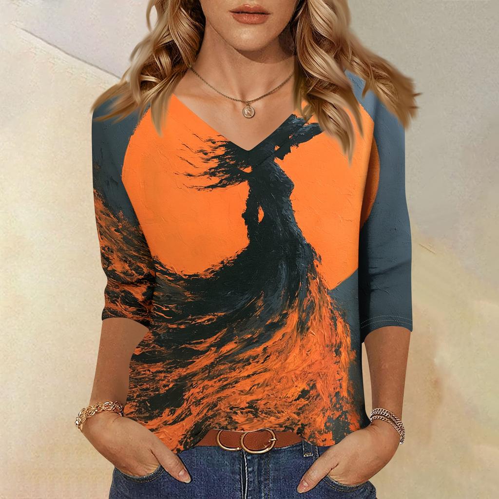 Women's Casual Halloween Print V-Neck Three-Quarter Sleeve Top