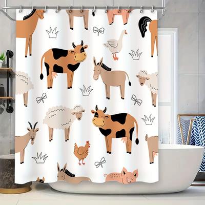 Bauernhof-Tier-Muster Duschvorhang Niedliche Kuh Schaf Huhn Ziege Schwein Pferd Design für Badezimmer Dekoration Weiß mit Schwarzem Rand (180x