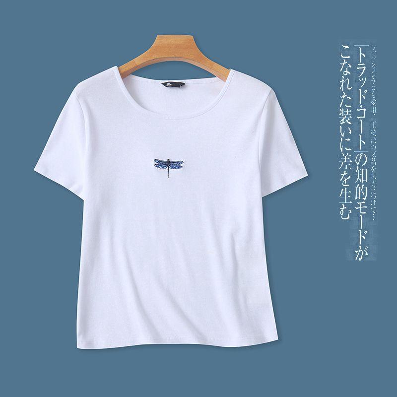 

Foreign Trade European and American Single Girl Short sleeve Top Summer New round Neck Pullover Slim fit All-Match Short Pure Cotton T-shirt White background pattern XXS