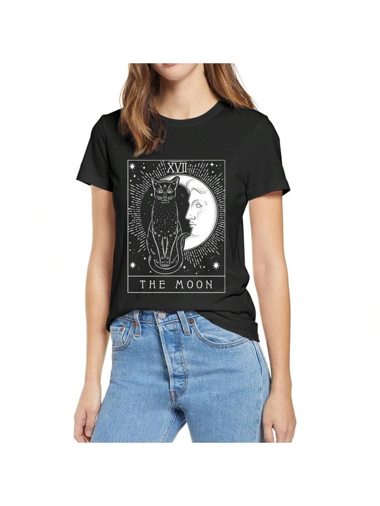100% Cotone Carta dei Tarocchi Luna Crescente e Gatto Grafica Amanti dei Gatti Estate Donna Casual Novità T-shirt Top Largo Tee Taglia EU Casual