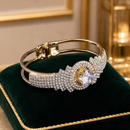 Women Bangle with Buckle Opening Closing Design, Sparkling Cubic Zirconia Bracelet, Formal Wear Wrist Accessory