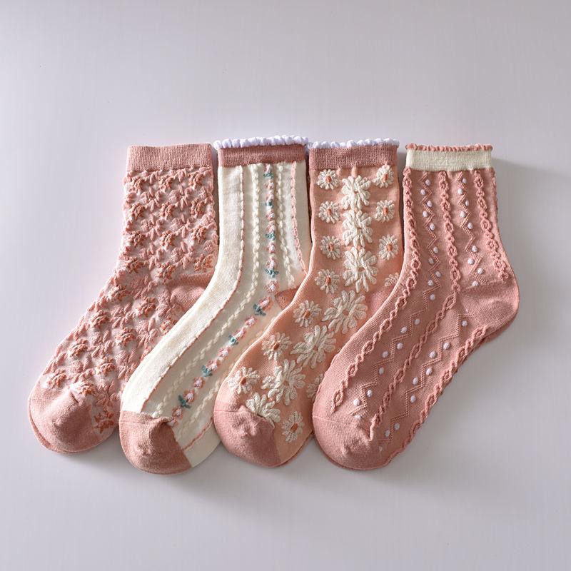 5 Stück/weiße florale Mid-Tube-Socken für Damen, trendige japanische Pudernebelfarbe, Student Loli Spring, dünner Abschnitt, JK-Socken, Pink, Neu