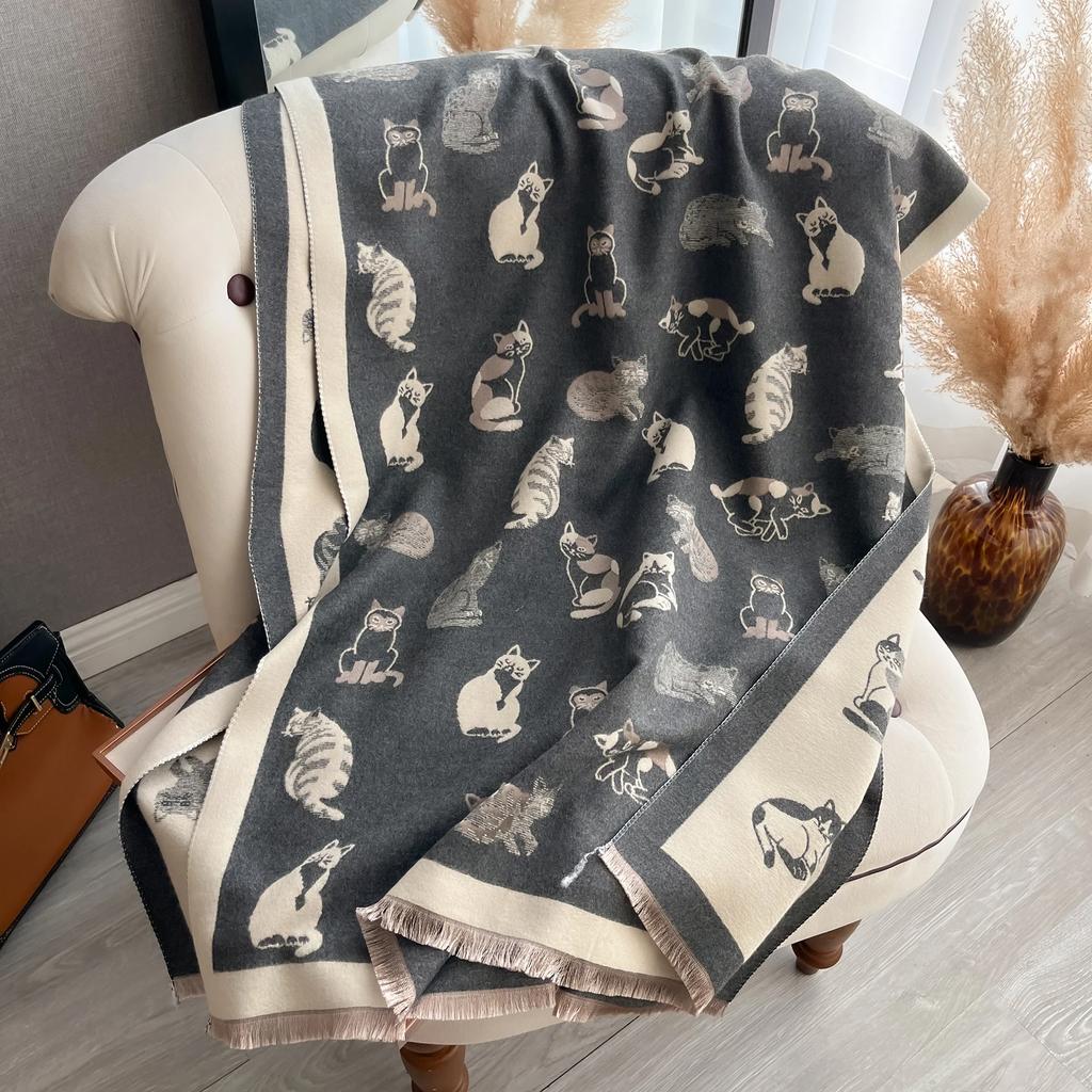 Elegante Senhoras Animal Gato Pashmina Outono Inverno Grosso Calor Dupla Face Borla O Xale Cobertor À Prova de Vento À Prova de Frio Cachecol