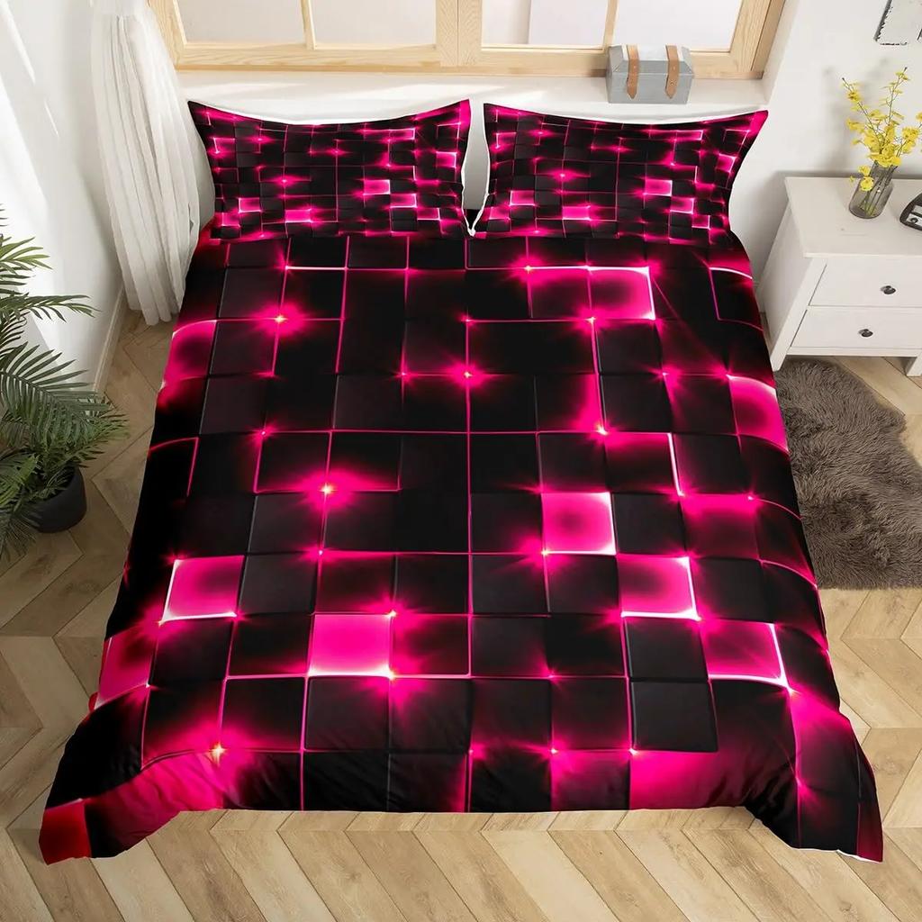 Abstract King Duvet Cover Modern Geometric Grid Square Bedding Set Red and Black Neon Light Line Geometry Themed Quilt Cover