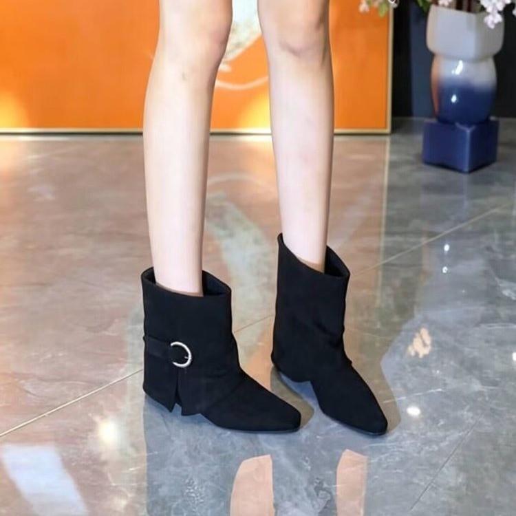 Inner heightening short boots women are not tired of feet autumn and winter new belt buckle suede high heel fashion trouser boots