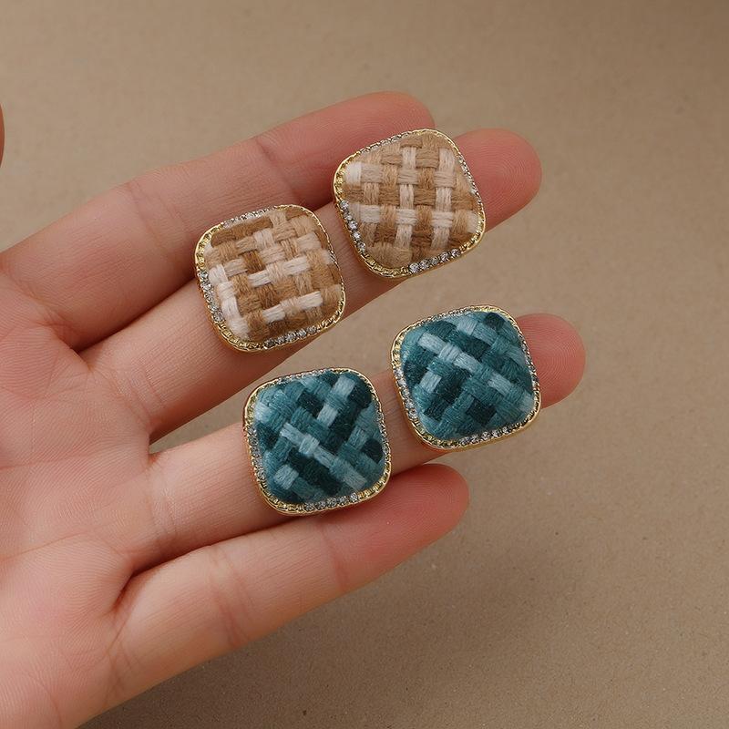 Vintage Morandi square stud earrings s925 silver needle with diamonds autumn and winter femininity personalized fabric ear jewelry