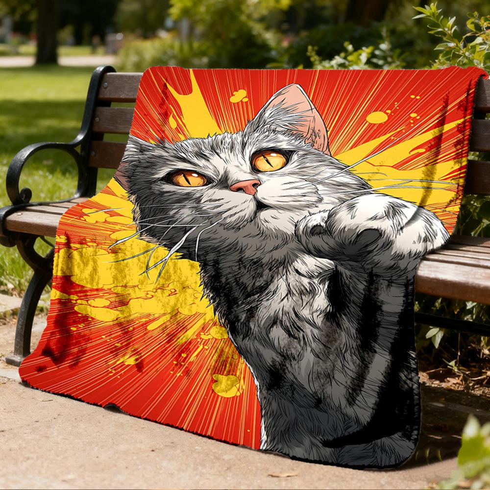 1pc Cat Power Outdoor Flannel Blanket , Machine Washable Perfect Gift for Birthday , Holiday Travel Accessory , Durable Material