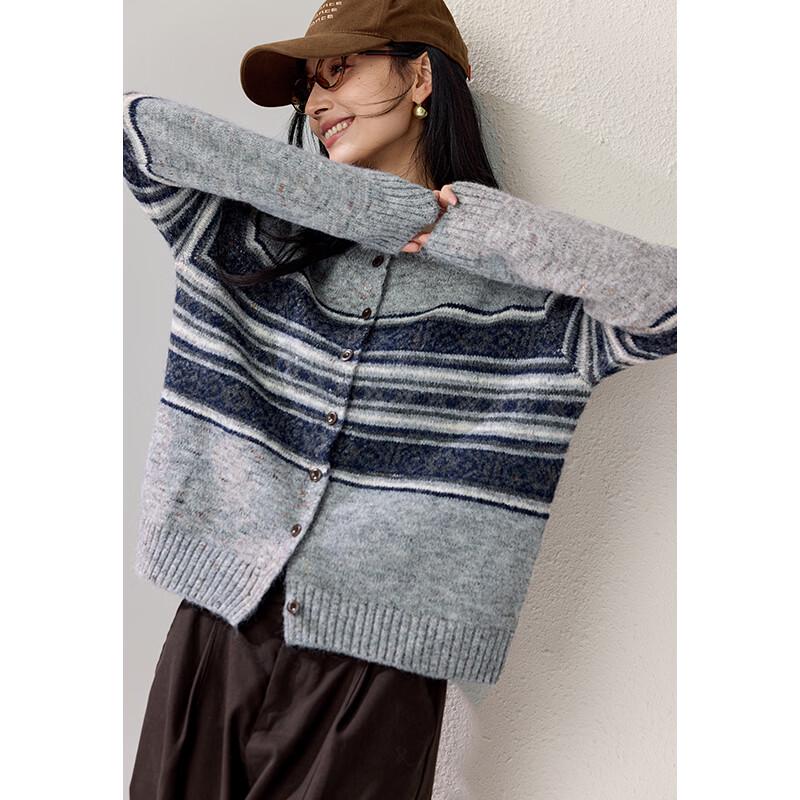 VICTORIA&VERA Wool-Blend Striped Button-Up Knit Cardigan