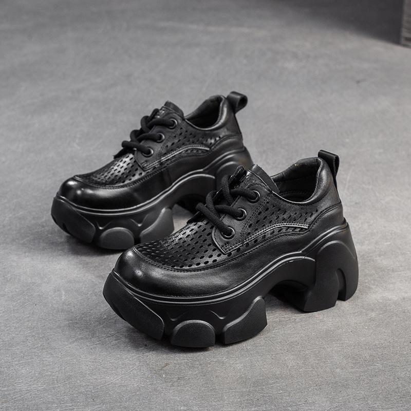 Fashion 7CM Women Chunky Platform Shoes Summer Hollow Out Breathable Genuine Cow Leather Round Toe Thick High Heel Casual Shoes