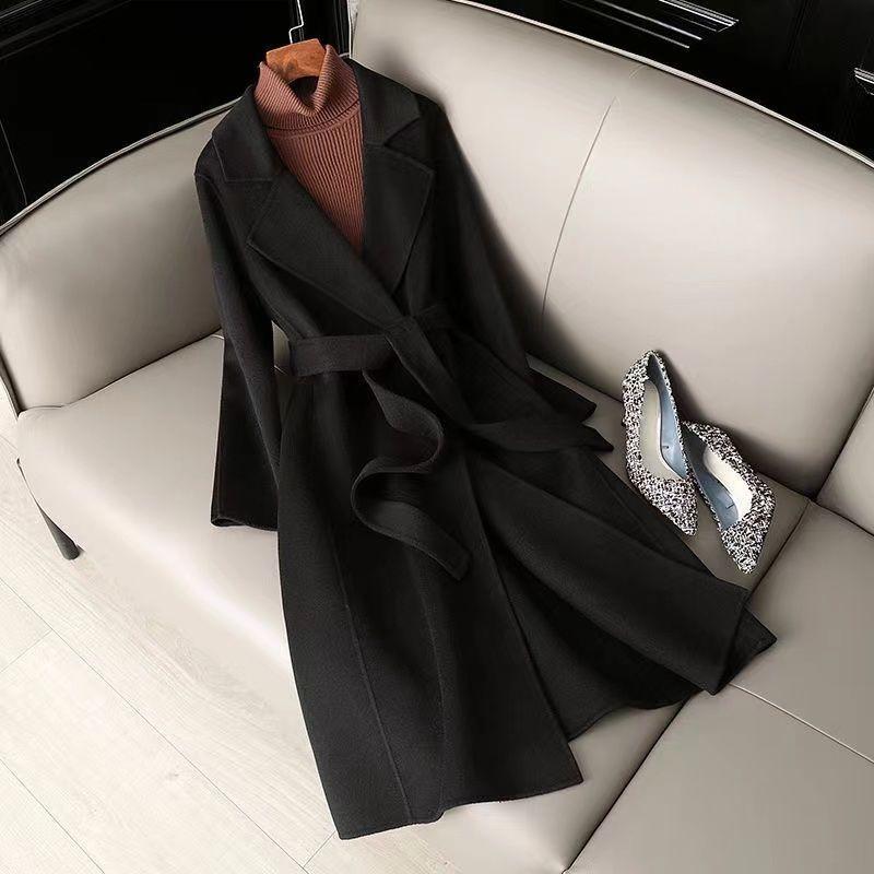 Autumn and Winter New Woolen Coat Women's Medium and Long Knee-slim Lace-up Woolen Coat High-end Woolen Coat Women
