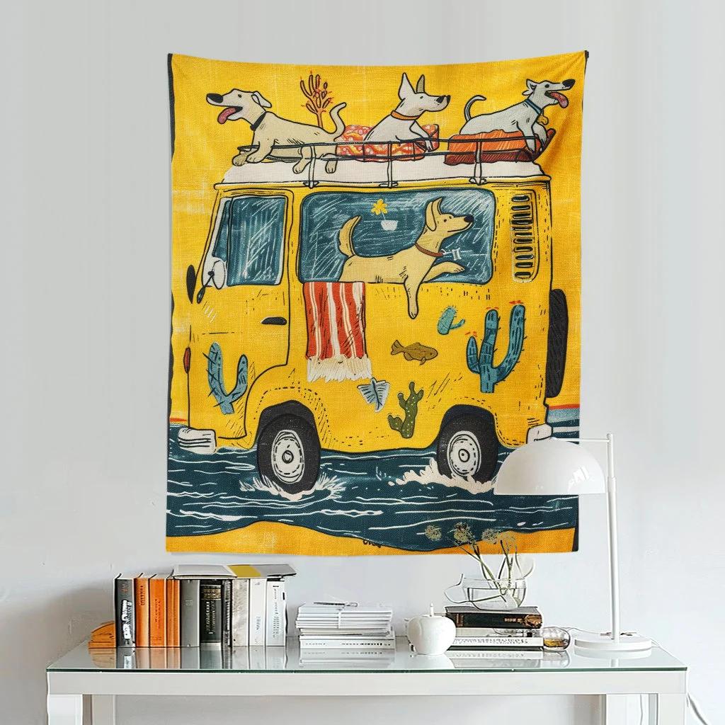 Cartoon Animal Yellow Tapestry Kids Tapestry Dog Car Tapestry Funny Tapestry Wall Hanging Kids Bedroom Decor Home Decor Gift