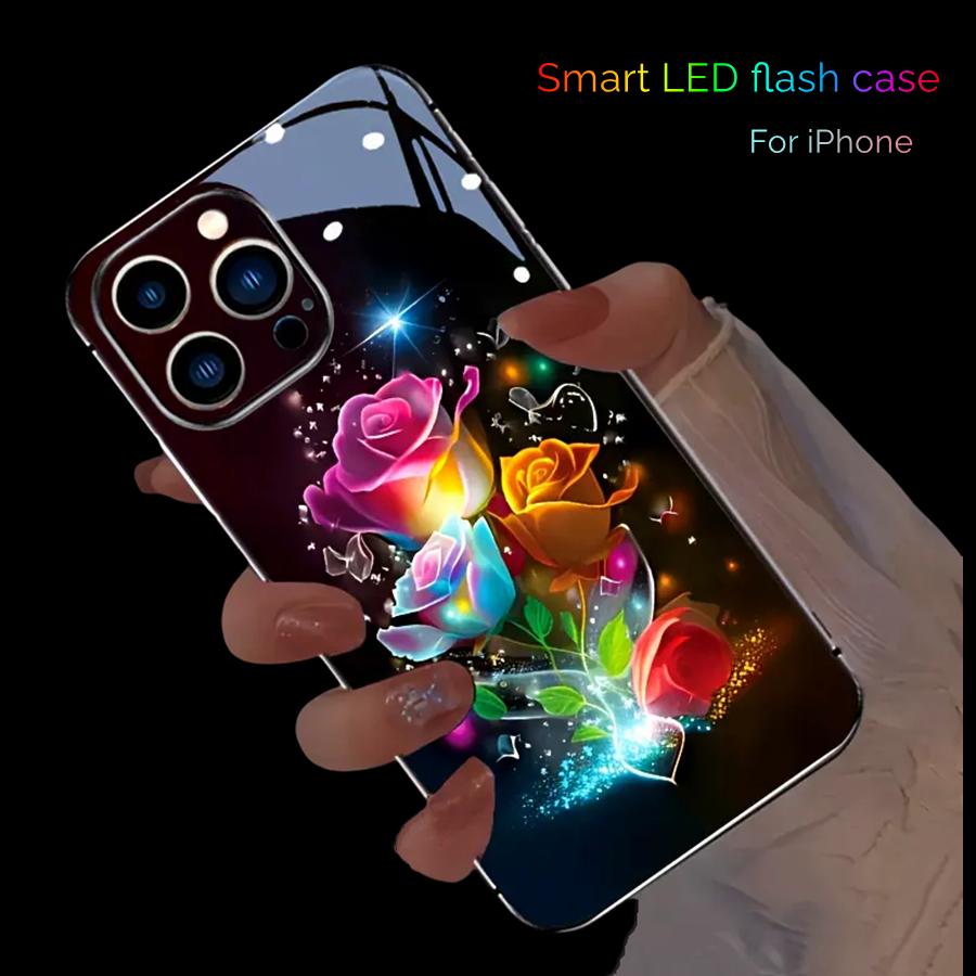 Flower Rose LED Light Luminous Phone Case For iPhone 16 15 12 13 14 X Xs Xr Mini Pro Max Plus Tempered Glass Glow Back Cover