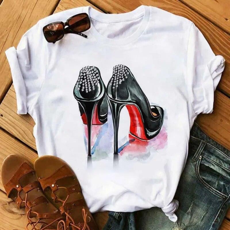 Maycaur Pinke High Heels Blumen Taschendruck T-Shirt Damen Trendy Hipster Harajuk Kawaii Kurzarm Oberteile T-Shirt Femme Kleidung Unisex