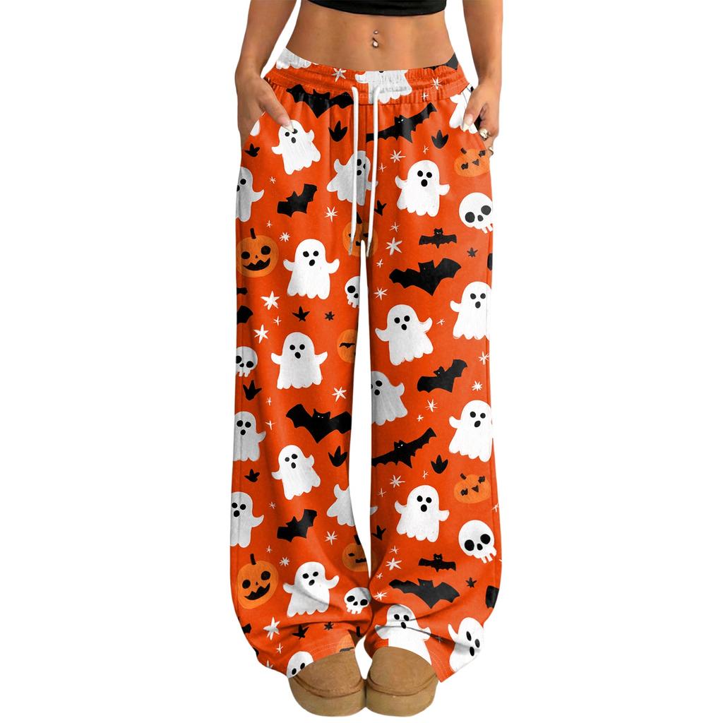 Women's Casual Loose Fit Wide Leg Pants with Halloween Print, Elastic Waist Drawstring for Holiday Party