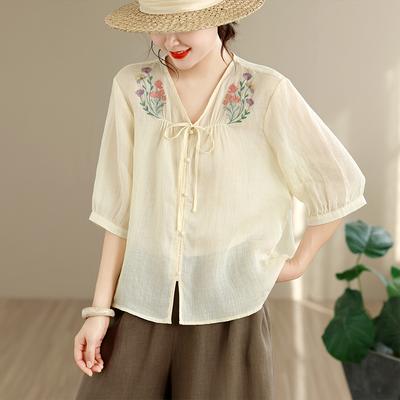 DIMANAF 2026 Été Nouveau Grande Taille Femme Chemisier Chemise Élégant Broderie Florale Hauts pour Dame T-shirt Coton Mode Vêtements