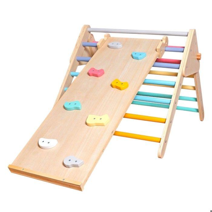 Triangle de Pikler - GINGER HOME 2 en 1 - Toboggan &amp; mur d'escalade - Pliable - Bois massif