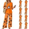 Women's Halloween Print 3/4 Sleeve Button Top and Wide Leg Pants Two-Piece Set for Casual Fall Outfits
