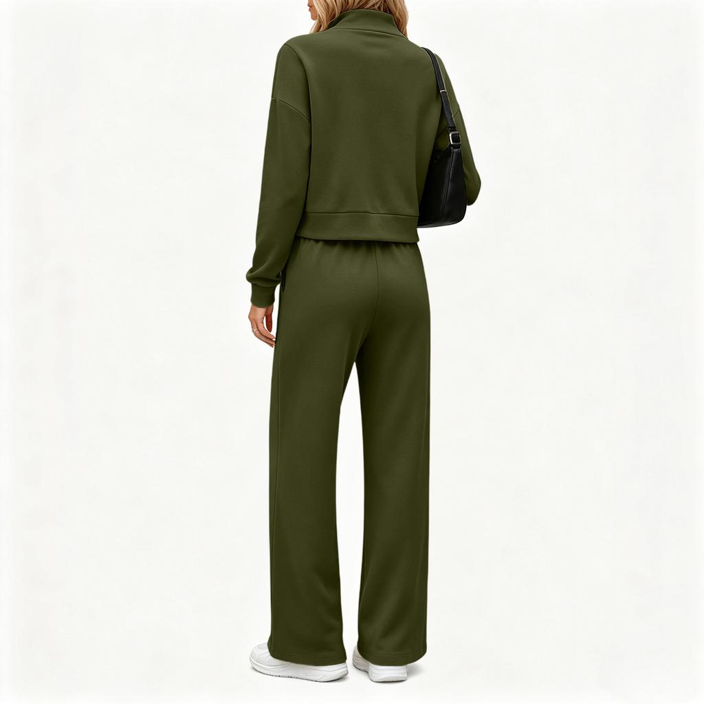 Women's Casual Half Zip Hoodie with Collar and Wide Leg Pants Set