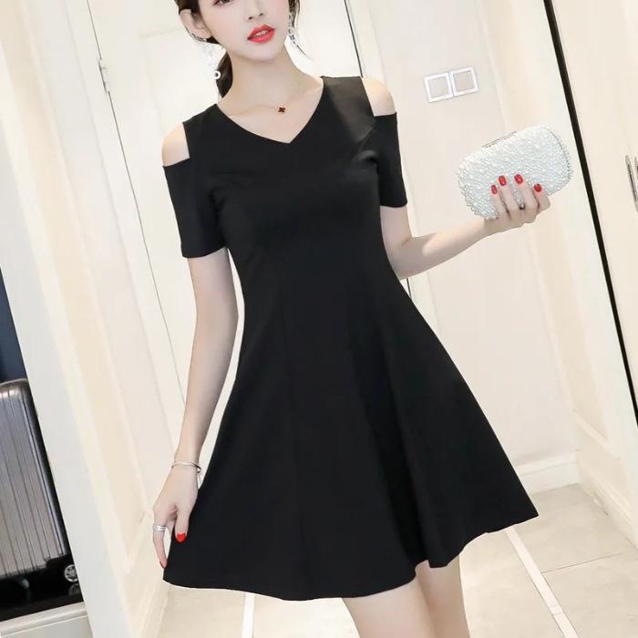 

Hepburn style dress new V-neck black professional skirt women s summer dress slim and thin temperament small black dress M чёрный