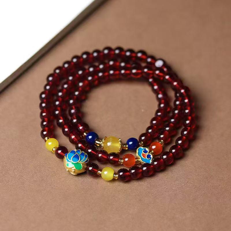 Faux Garnet Multi-Strand Pixiu Ginkgo Magnolia Cloisonné Bracelet - Hot Seller