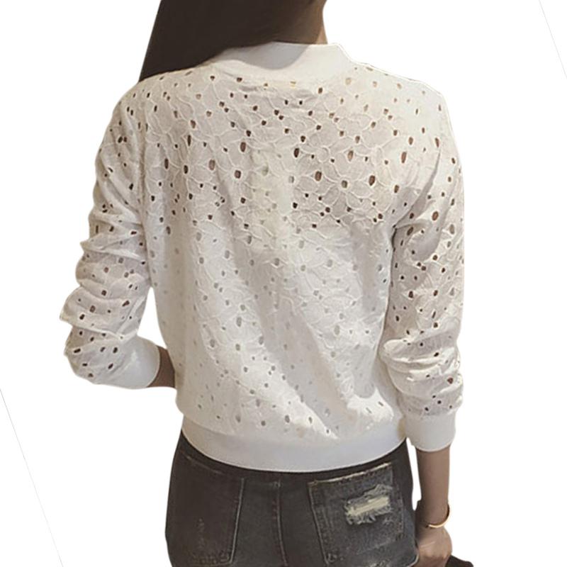 Korean Stylish Thin Long Sleeve Lace Hollow Out Jackets for Female Anti-UV Short Outwear White Bomber Women Clothing
