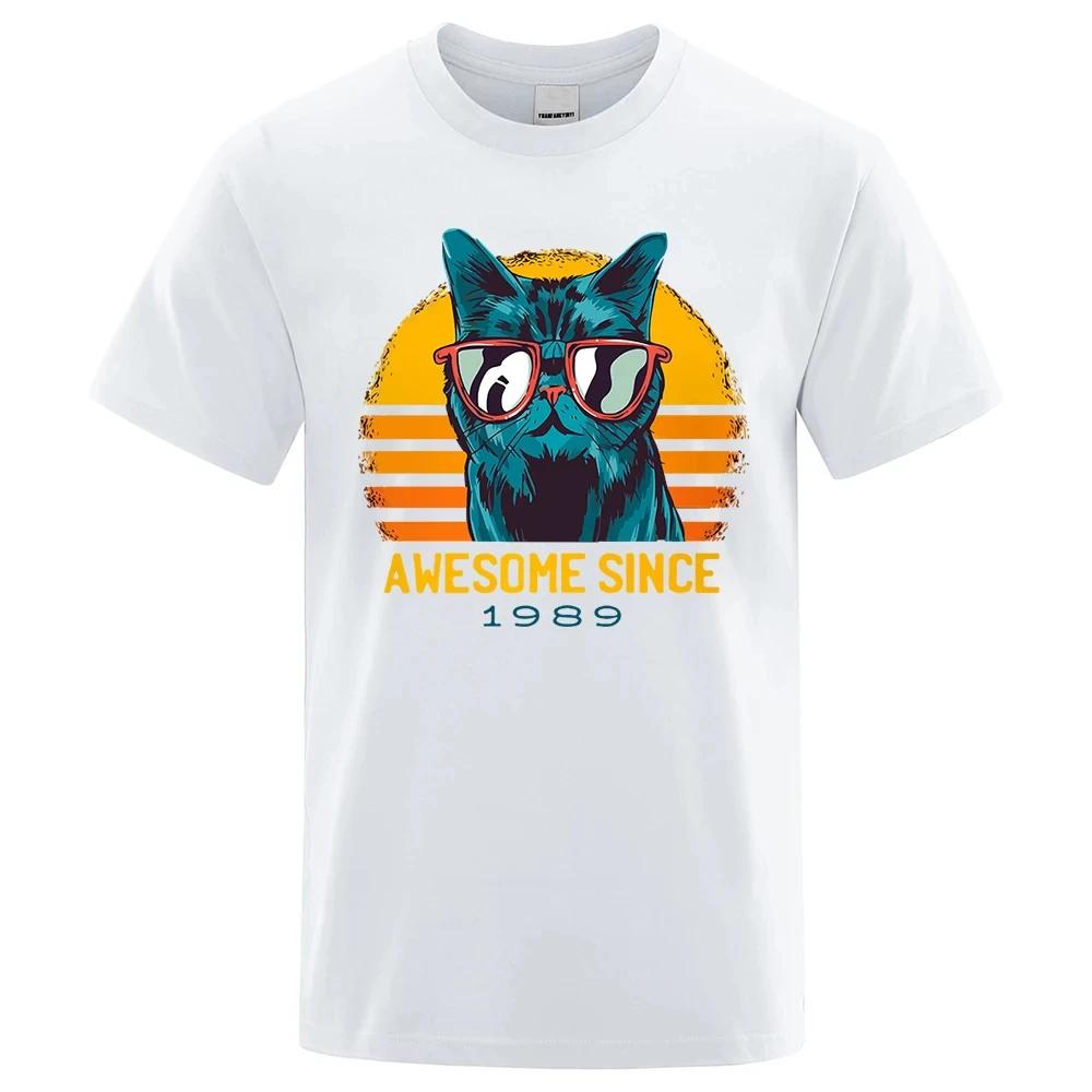 Awesome Since 1989 Sunset Sunglasses Cool Cat Tops Man Casual Loose Tshirts Soft Summer T-Shirts Brand Mens Short Sleeve 80508