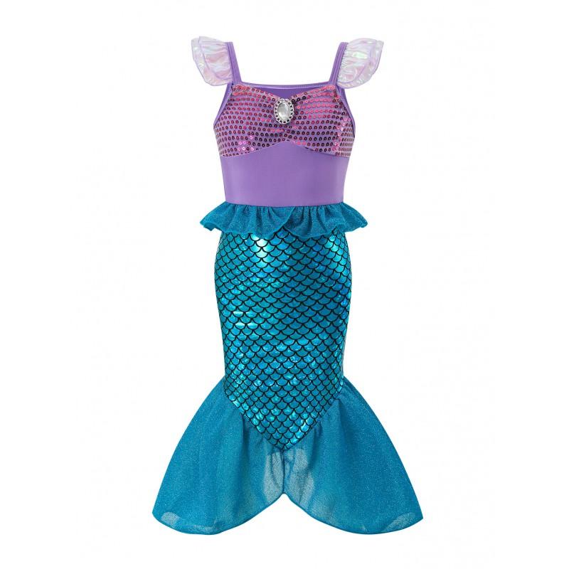 Meerjungfrauenkostüm Kleid Mädchen 3-8 Jahre Prinzessinnen-Partykleid Mit Halskette Krone Zauberstab Zubehör-Set