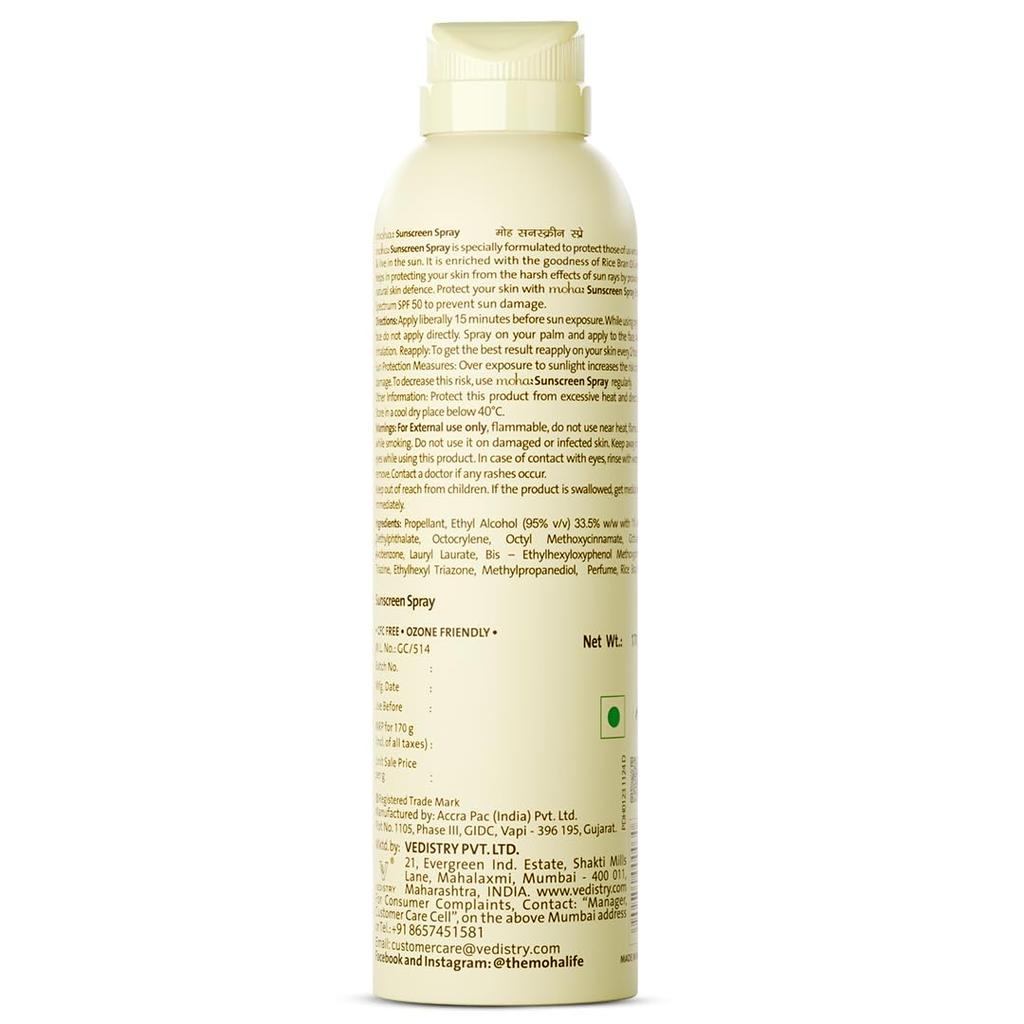 Moha Sunscreen Spray SPF 50 PA++++ 170g Pack of 1 | Lightweight, Non-Sticky, Water & Sweat Resistant, Broad Spectrum UVA/UVB Protection