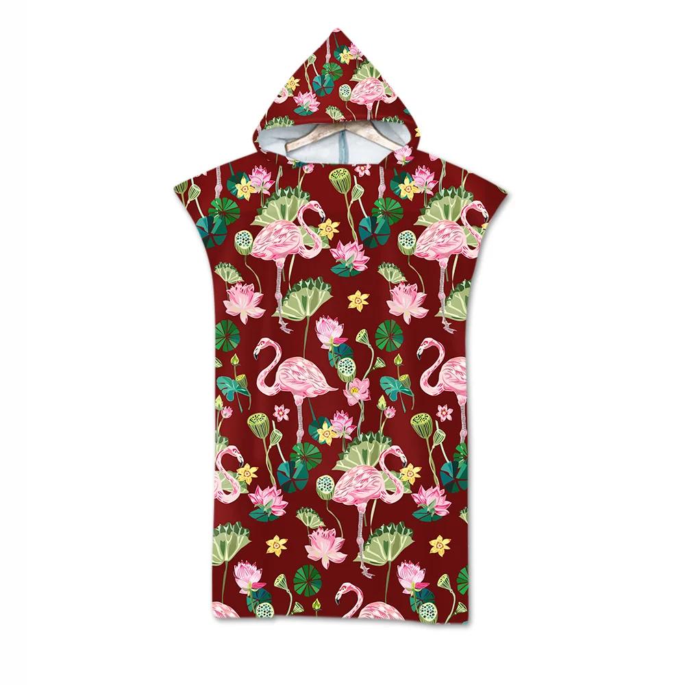 Microfiber Hooded Beach Towel For Adults Fashion Swimming Pool Bath Towel With Cloak Tropic Plant Flamingo Printed Bathrobe