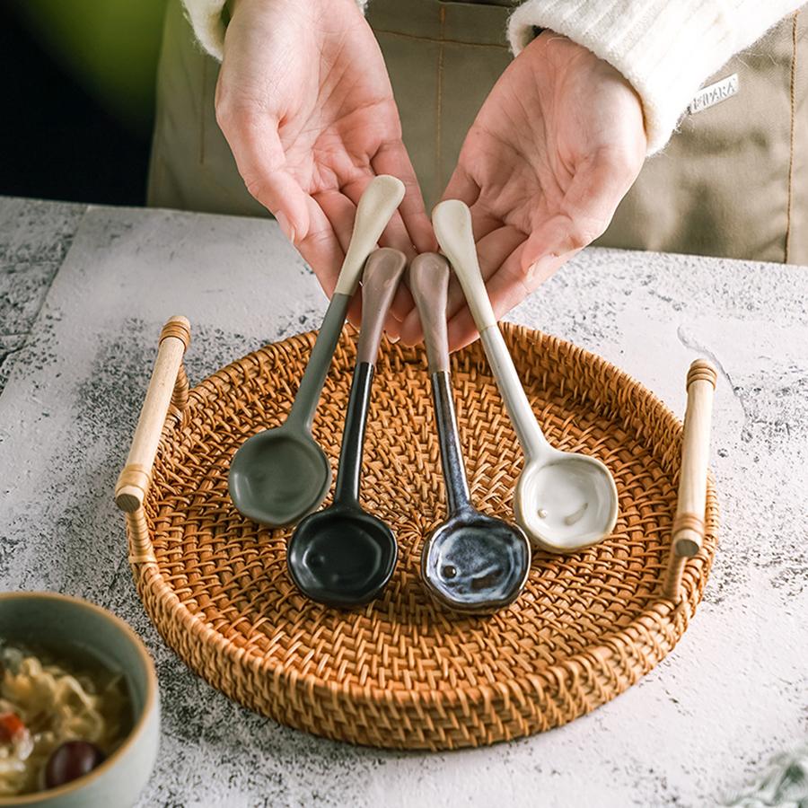 Ceramic Coffee Spoon with Long Handle Japanese Soup Spoons Coffee Milk Powder Spoons Retro Porcelain Spoons Rice Noodles Spoon