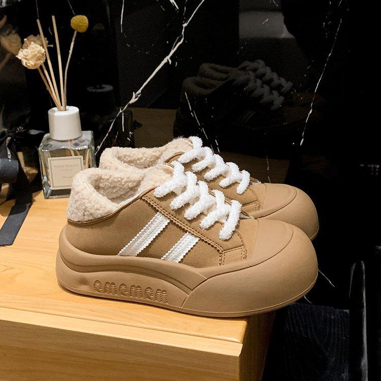 Fleece Retro Bread Shoes Women's 2025 New Winter Warm Versatile Big Head Thick Sole Heightening Sports and Leisure Board Shoes