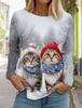 Large-sized Funny Women Christmas Cat Pattern T-Shirts Autumn Long Sleeve Christmas Snowflakes 3D Printed Street Ladies Clothing Casual Tops