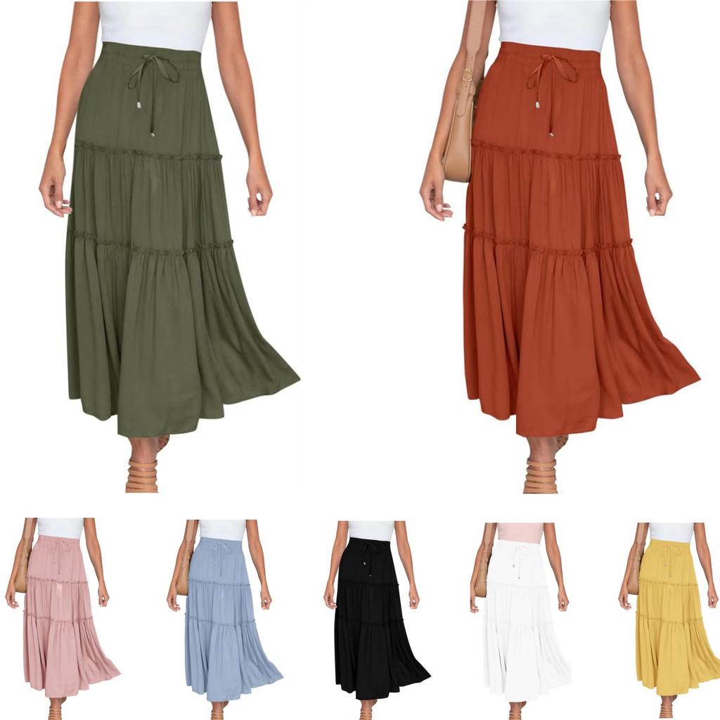 Women's Drawstring High Rise Midi Skirt Tiered Ruffle Maxi Skirt Casual Summer Long Skirt