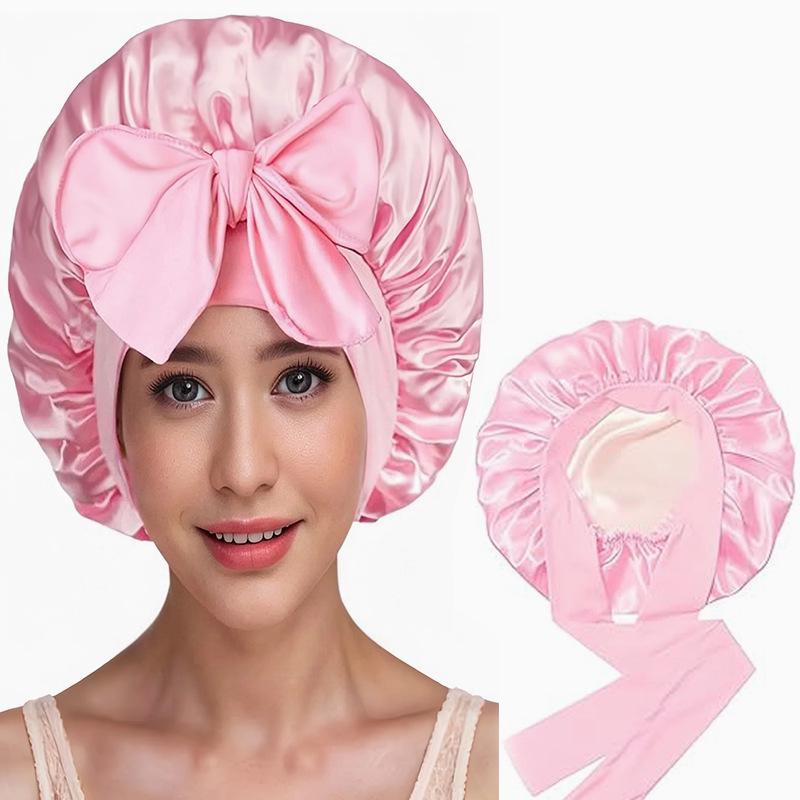 Women's Double-Layer Elastic Satin Sleep Cap - Wide Brim Hair Protection with Bow Ribbon