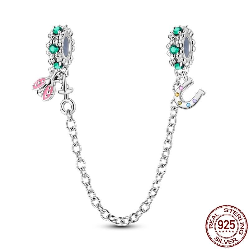

New 100% 925 Silver Lucky Clover Safety Chain Charms Bead Fits Original Pan Bracelet Pendant Women Fashion Fine Diy Jewelry