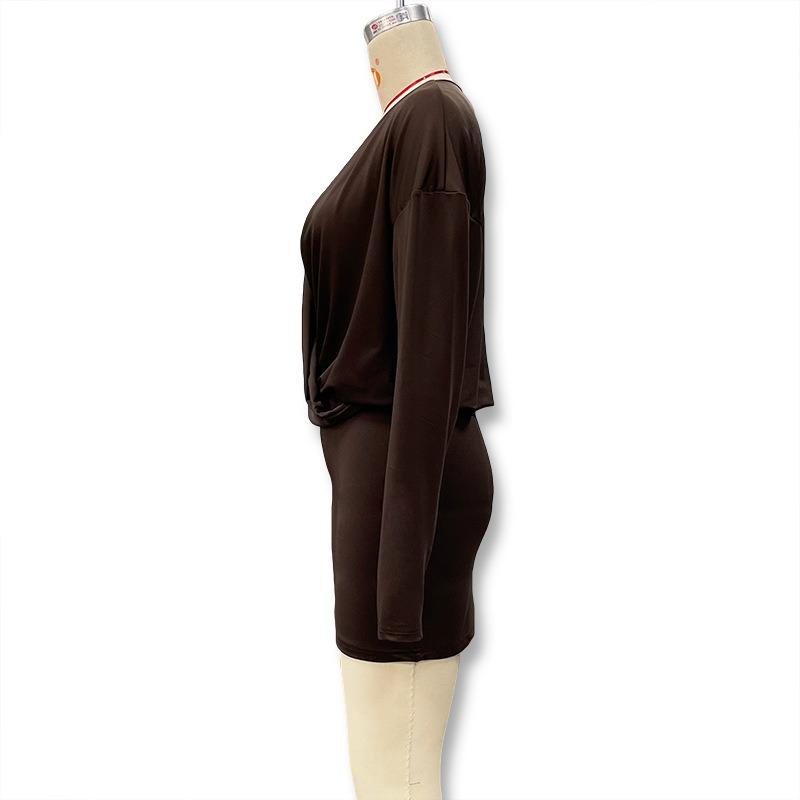 European and American Style Women's Autumn and Winter New Item Solid Color Fashionable Deep V Long Sleeved Waist Cinching Sexy Hip Hugging Dress