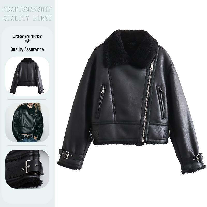 Double-Sided Thick Jacket with Zipper Accent: Turn-Down Collar European & American Women's Fashion
